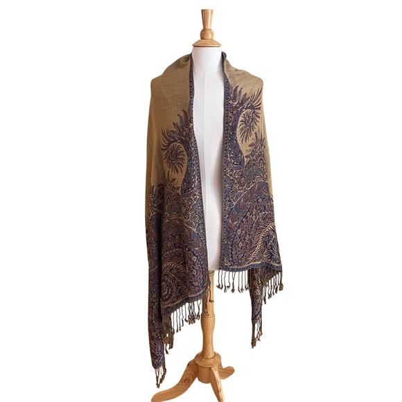 Blue & Gold Floral Paisley Large Reversible Scarf / Wrap / Shawl with Fringe - Picture 1 of 10